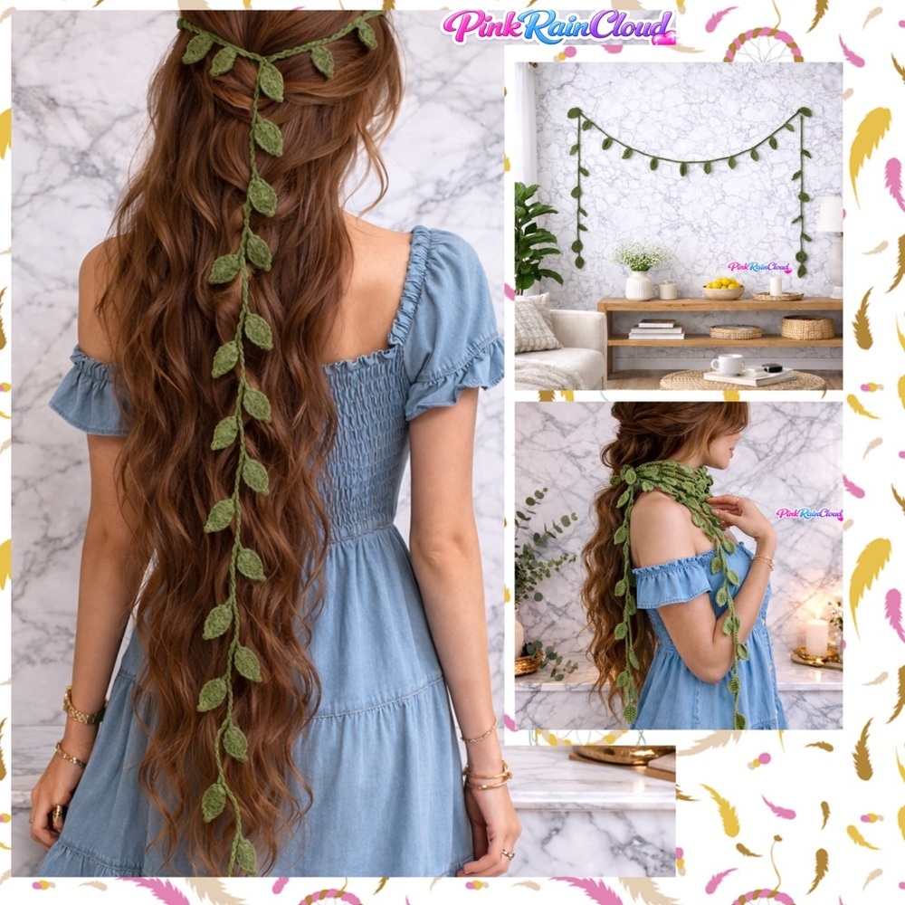 Handmade Crochet Hair Wrap Scarf Vine Garland Wall Decor 67 Inch PinkRainCloud